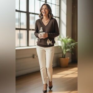 Vintage 1970s LeRoy Knitwear Brown V-Neck Embroidered Dog Motif Sweater Medium